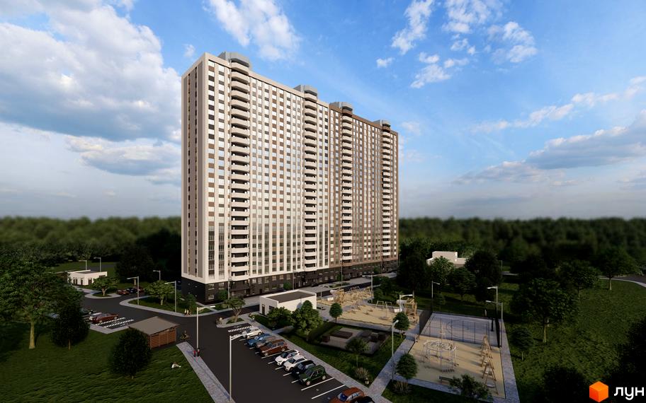 Зовнішній вигляд новобудови ЖК Олімпійський з балконами та прибудинковою територією з дитячим майданчиком та парковкою.