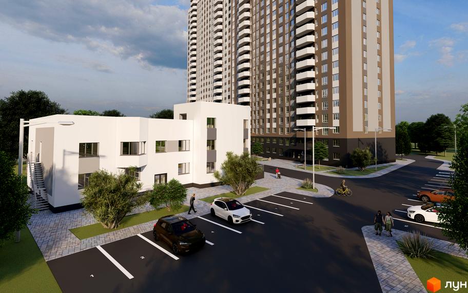 Зовнішній вигляд новобудови ЖК Олімпійський з парковкою та зеленими насадженнями. Сучасний житловий комплекс з багатоповерховим будинком та прибудинковою територією.