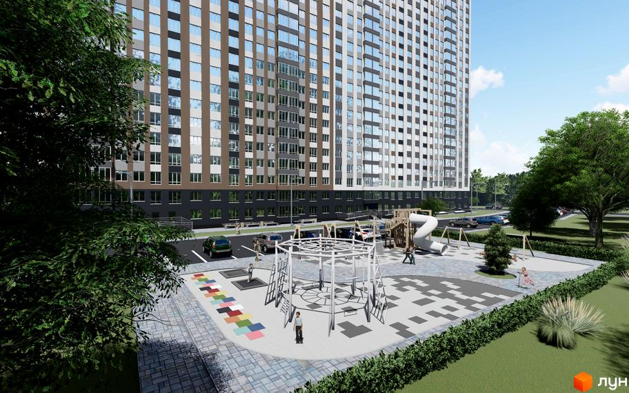 Новобудова ЖК Олімпійський з дитячим майданчиком та паркуванням. Сучасний житловий комплекс з елементами благоустрою.