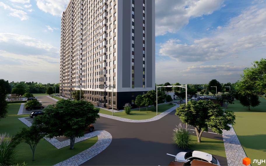 Житловий комплекс Олімпійський - висотна будівля з сірими та бежевими фасадами, прибудинкова територія з деревами та парковкою.