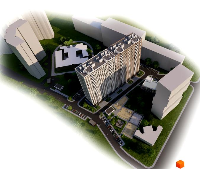 Житловий комплекс Олімпійський: висотна будівля з балконами та прибудинкова територія з дитячими майданчиками та парковкою.