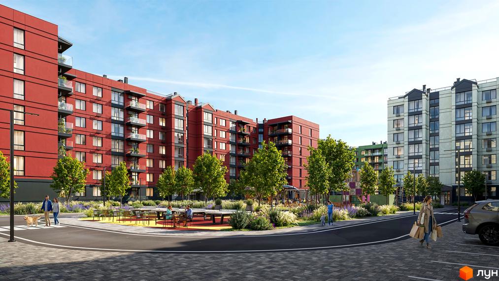 Житловий комплекс Європейські Липки з червоними та світлими фасадами, дитячим майданчиком та зонами відпочинку. Сучасна архітектура та доглянута прибудинкова територія.