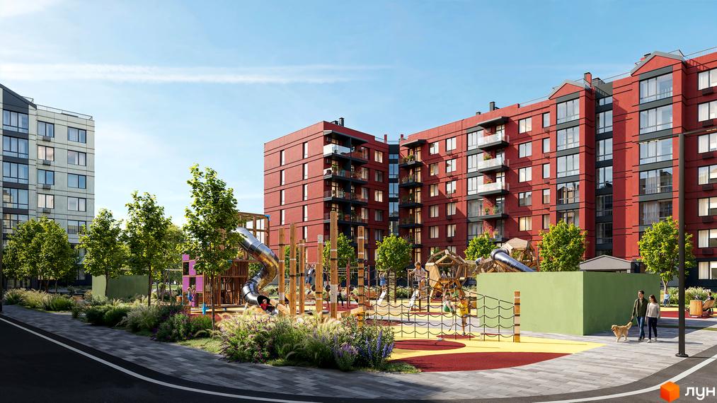 Житловий комплекс Європейські Липки: червоні та сірі багатоповерхівки з балконами, дитячий майданчик з гірками та сітками, зелені насадження та доріжки.