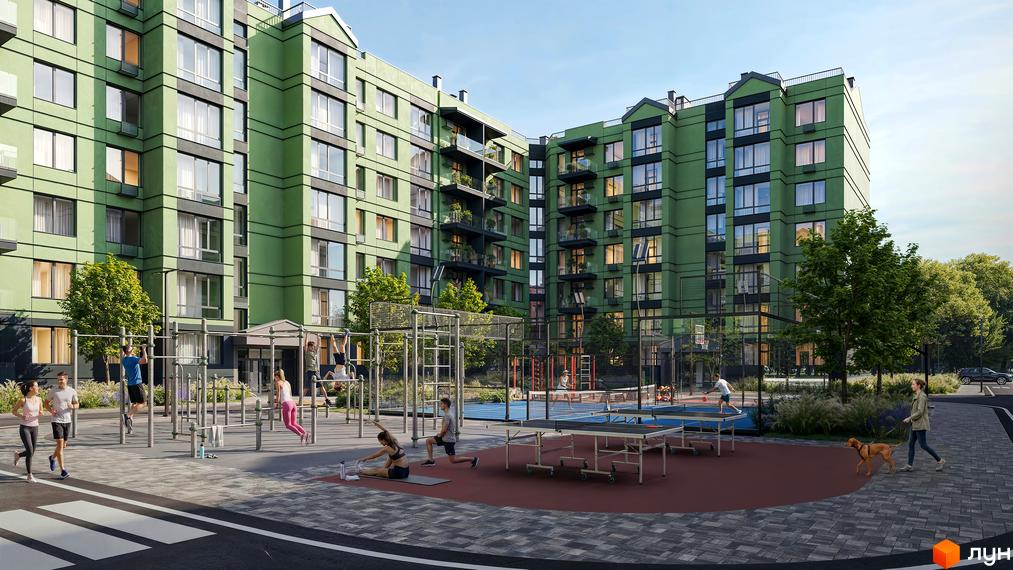 Зелена новобудова ЖК Європейські Липки з балконами та вікнами, поруч спортивний майданчик з тренажерами та зонами для відпочинку.