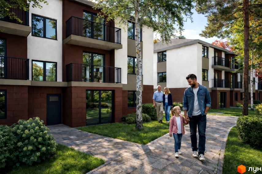 Житловий комплекс 4ROOM з фасадами з білої штукатурки та коричневої цегли, балконами та прибудинковою територією з деревами та доріжками.