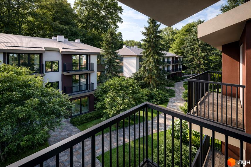 Житловий комплекс 4ROOM з балконами та вікнами, оточений деревами та зеленими насадженнями. Дорога з бруківки веде до будинків.
