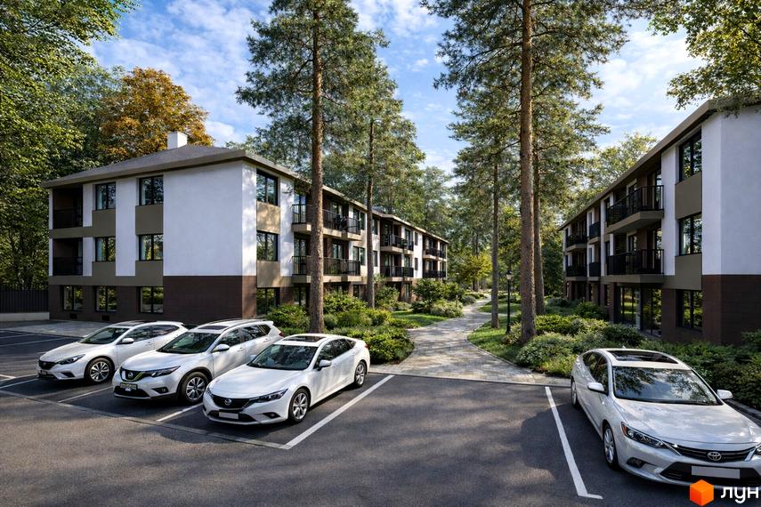 Житловий комплекс 4ROOM з білими фасадами та балконами, оточений високими соснами та доглянутою прибудинковою територією з доріжками та парковкою.