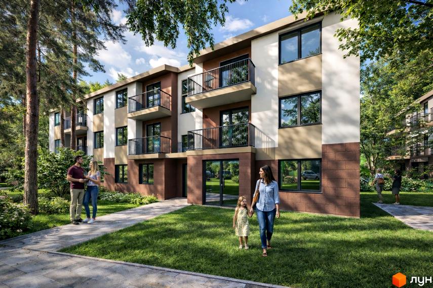 Будинок житлового комплексу 4ROOM з балконами та вікнами, оточений зеленню та деревами. Прибудинкова територія з газоном та доріжками.