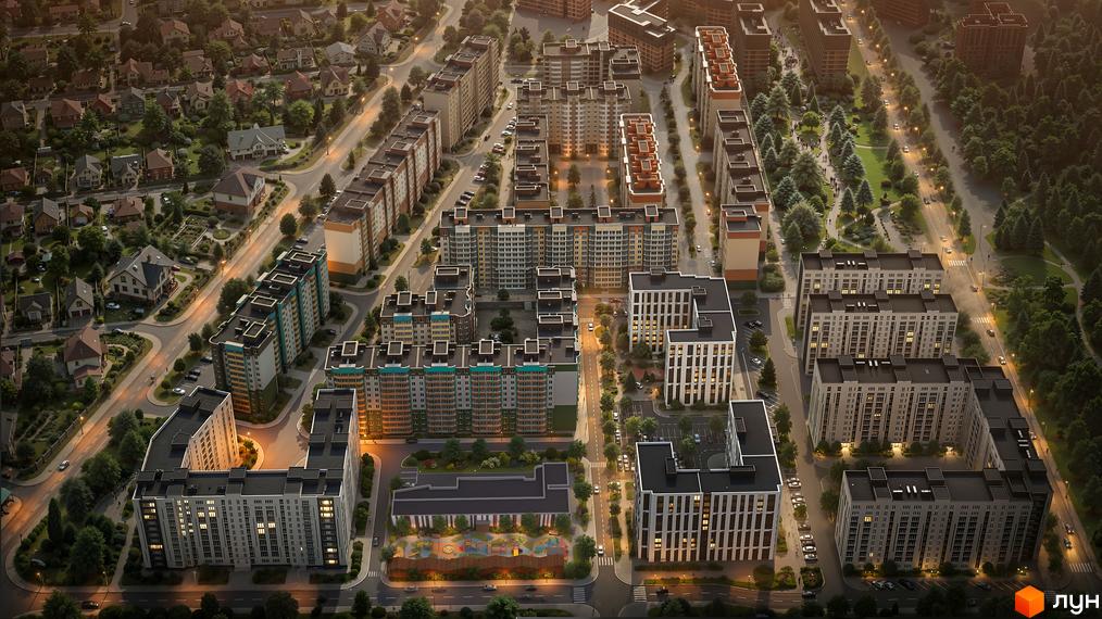 Житловий комплекс Евромісто: багатоповерхові будинки з балконами та прибудинкова територія з дитячим майданчиком та зеленими зонами.