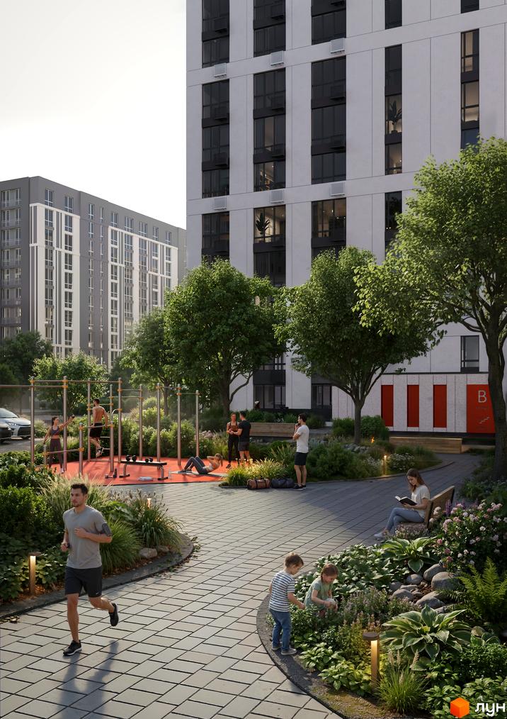 Житловий комплекс Евромісто з зоною для тренувань та відпочинку. Сучасна архітектура та зелена прибудинкова територія.