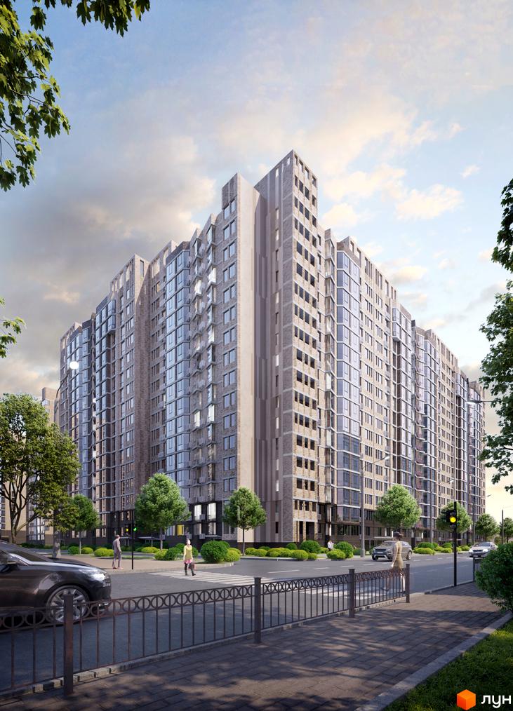 Зовнішній вигляд новобудови Прохоровський квартал з численними вікнами та балконами, а також прибудинкова територія з деревами та дорогою.