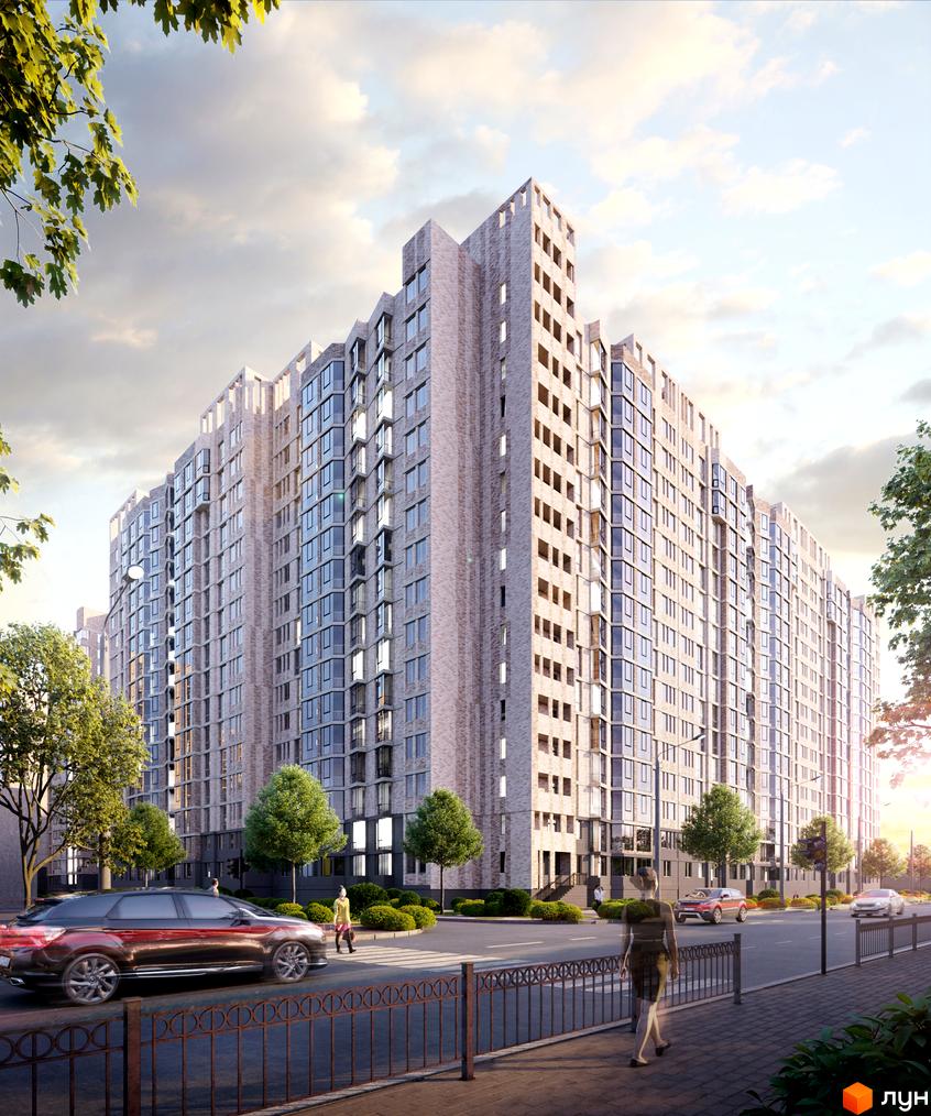 Будівельний проєкт Прохоровський квартал з цегляним фасадом та скляними балконами, поруч зелені дерева та тротуар з пішоходами.