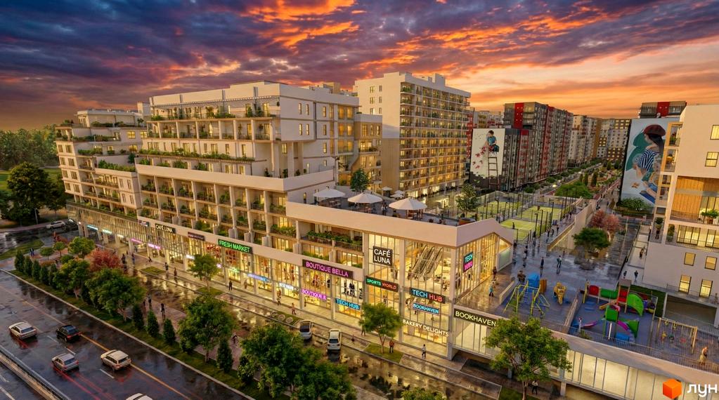 Житлове містечко ARTVILLE з багаторівневими фасадами та терасами, що виходять на зелену зону з дитячим майданчиком та спортивними кортами.