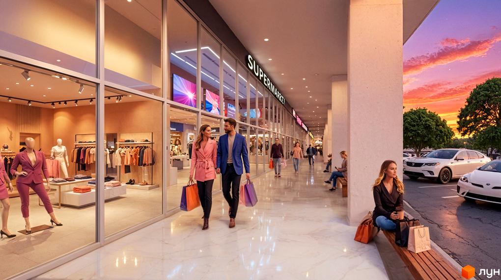 ARTVILLE – це житловий комплекс з комерційними приміщеннями та паркінгом, що розташований біля торгового центру. На зображенні видно сучасний торговий центр із магазинами та супермаркетом, а також парковку з автомобілями.