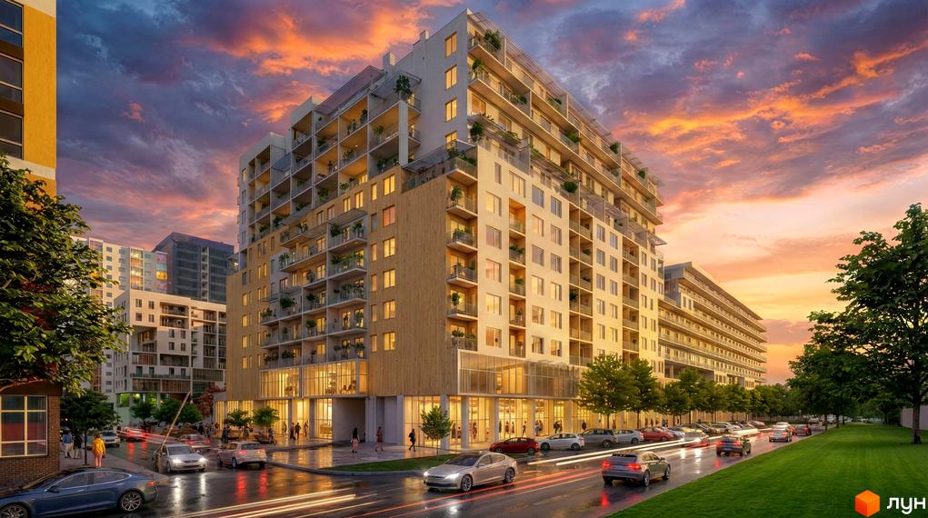 Житлове містечко ARTVILLE з балконами та терасами, розташоване на вулиці з автомобілями та зеленими насадженнями.