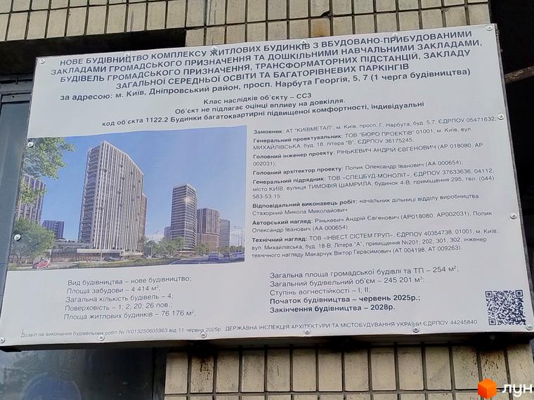 Рендер нового житлового комплексу на просп. Нарбута Георгія, 5, 7, що включає кілька висотних будівель та облаштовану прибудинкову територію.