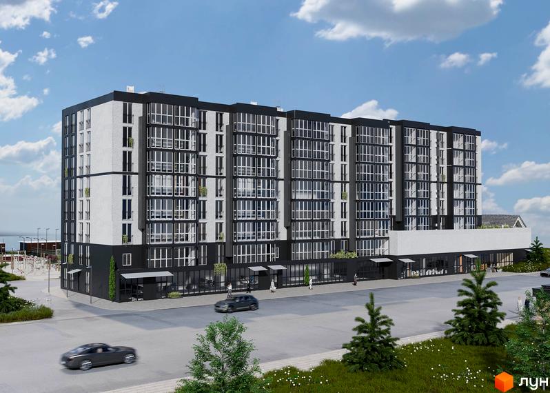 Житловий комплекс ТИSHA: багатоповерховий будинок у чорно-білих тонах з великими вікнами. Навколо дорога, зелені насадження та водойма.