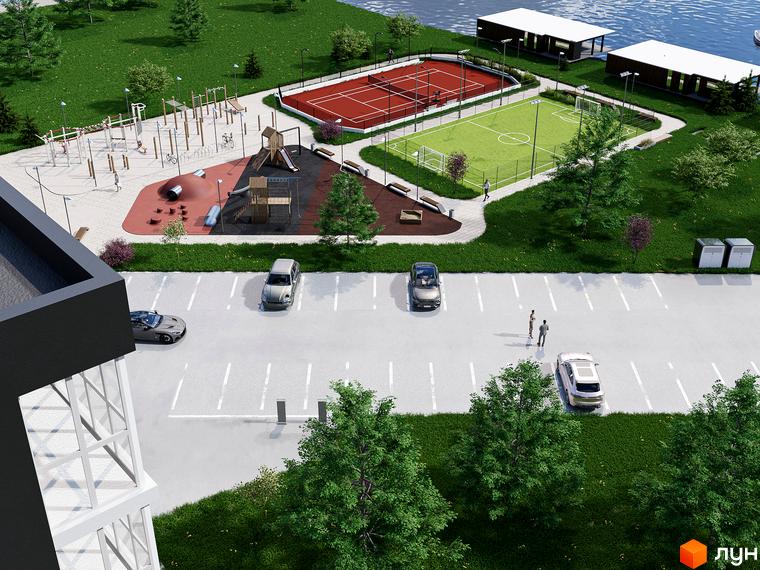 Зовнішній вигляд комплексу ЖК ТИSHA з дитячими майданчиками, спортивними зонами та парковкою. Новобудова розташована біля водойми.