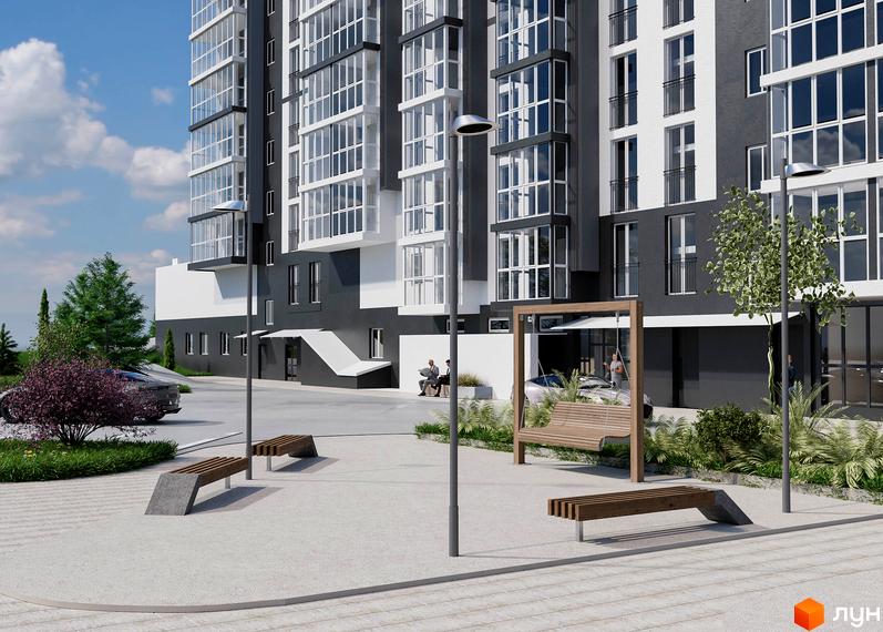 Зовнішній вигляд новобудови ЖК ТИSHA з сучасними вікнами та балконами, прибудинкова територія з лавками та гойдалкою.