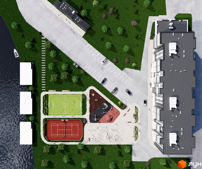 Вид зверху на багатоповерховий будинок Житлового комплексу TYSHA з темним дахом. Прибудинкова територія включає спортивні майданчики, дитячу зону, паркінг та зелені насадження біля водойми.