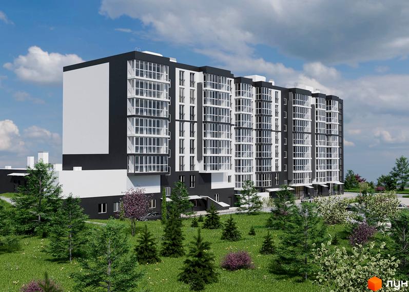 Житловий комплекс ТИSHA має багатоповерховий будинок у чорно-білих тонах з великими вікнами та озеленену прибудинкову територію з деревами та кущами.