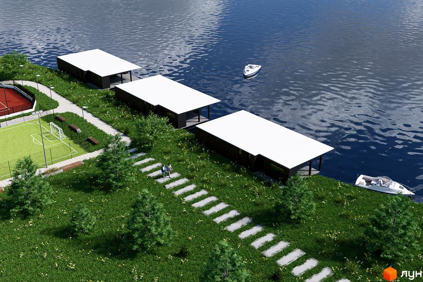 Житловий комплекс ТИSHA: три будинки з білими дахами біля води, зелена територія зі спортивним полем та стежками.