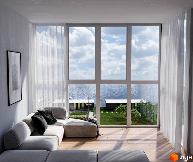 Житловий комплекс ТИSHA: вітальня з панорамними вікнами. З вікон відкривається вид на озеро, зелений берег та прибережні споруди.