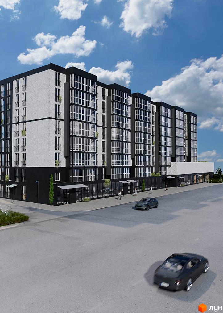 Житловий комплекс ТИSHA: багатоповерховий будинок з білим фасадом, темним цоколем та великими вікнами. Поруч дорога, тротуар з пішоходами та зелень.