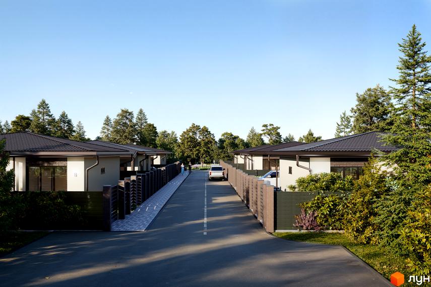 Котеджне містечко Твід: одноповерхові будинки зі світлими фасадами та темними дахами, розташовані вздовж дороги серед дерев та зелені.