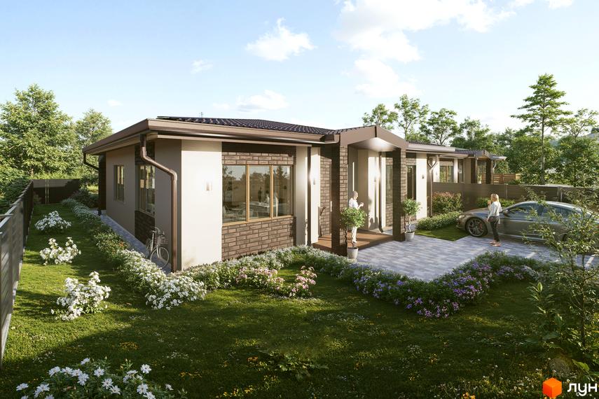 Котеджне містечко КМ Твід: одноповерховий будинок з цегляним фасадом та доглянутою прибудинковою територією з квітами та автомобілем.