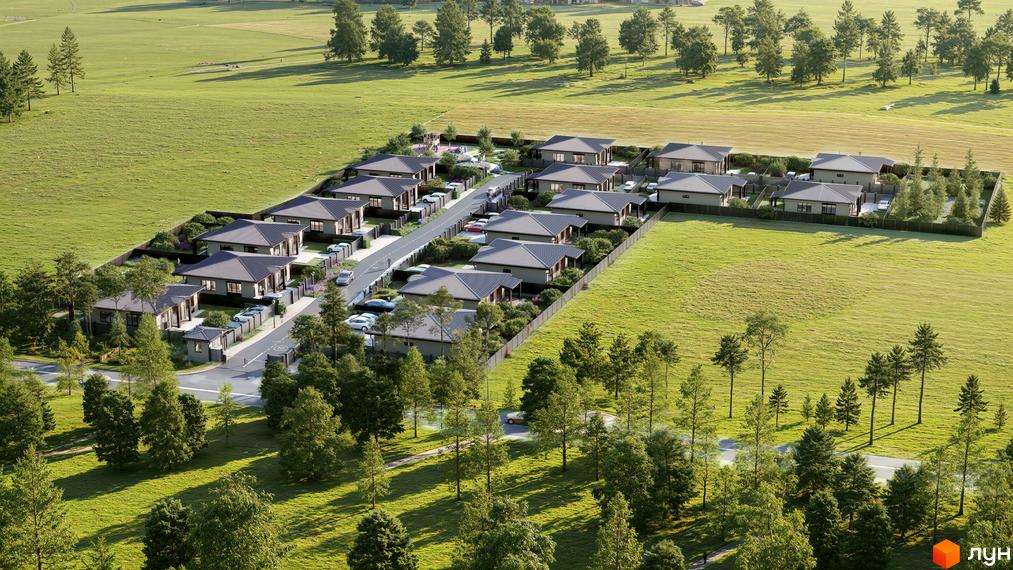 Котеджне містечко КМ Твід: оглядовий вид на одноповерхові будинки з сірими дахами та прибудинковою територією з деревами та травою.