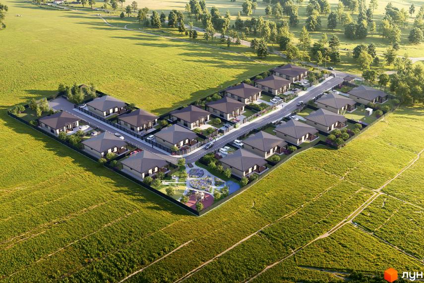 Котеджне містечко Твід: одноповерхові будинки з темними дахами та світлими фасадами. На території є дитячий майданчик та озеленення.