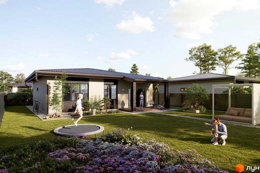 Одноповерховий будинок Котеджного містечка Твід з темним дахом та світлими стінами. На доглянутому газоні діти граються, поруч квітучі клумби.