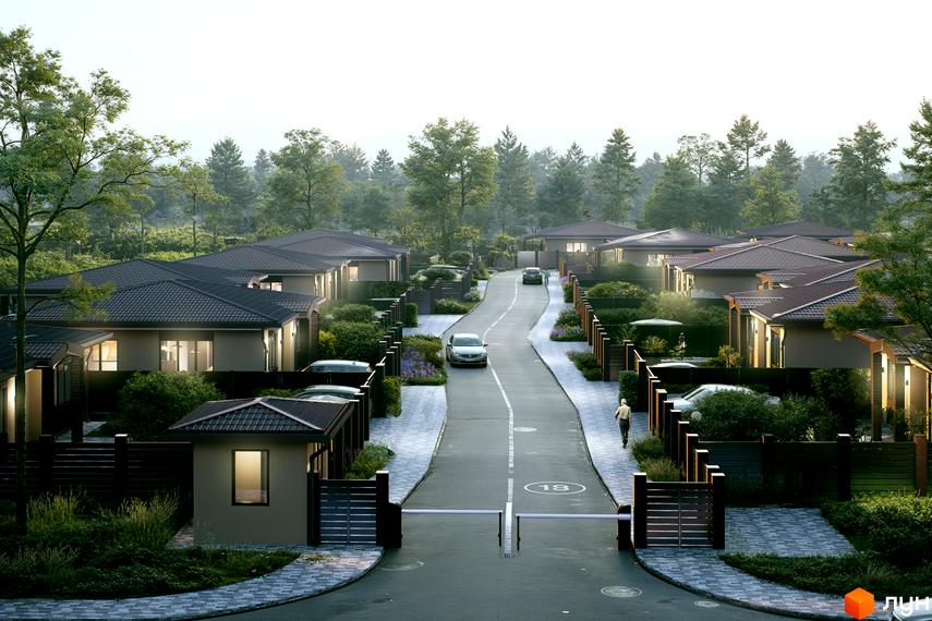 Котеджне містечко Твід: одноповерхові будинки з темними дахами та світлими фасадами, розташовані вздовж дороги з зеленими насадженнями.