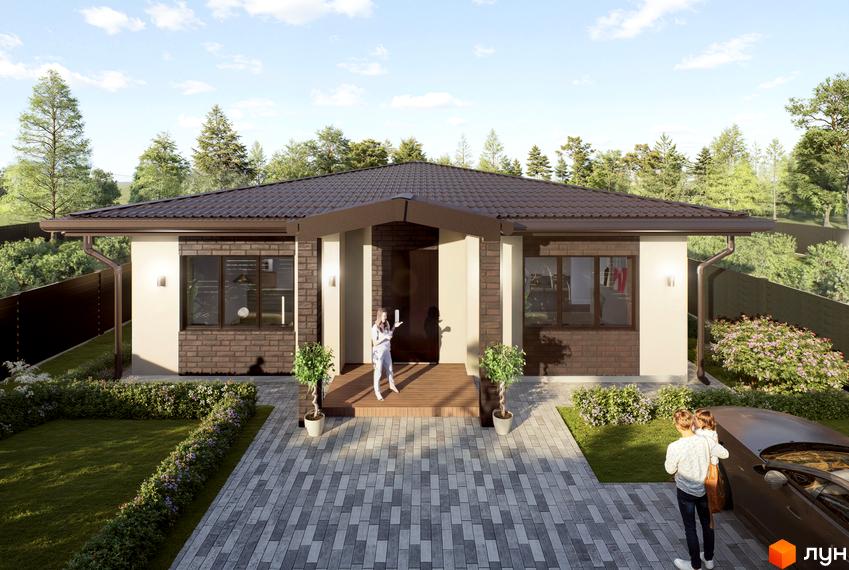 Котеджне містечко КМ Твід: одноповерховий будинок з цегляним та світлим фасадом, облаштована прибудинкова територія з газоном та доріжками.