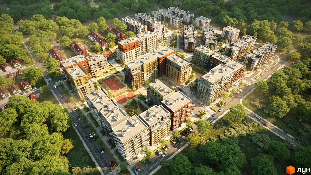 Аерофотографія Житлового комплексу Balance з багатоповерховими будинками різного кольору, зеленими насадженнями та спортивними майданчиками.