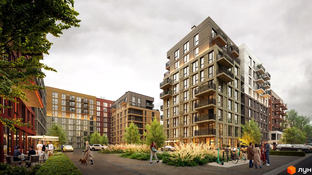 Новобудова Balance з фасадами з цегли та балконами, що виступають, та доглянутою прибудинковою територією з деревами та зонами відпочинку.