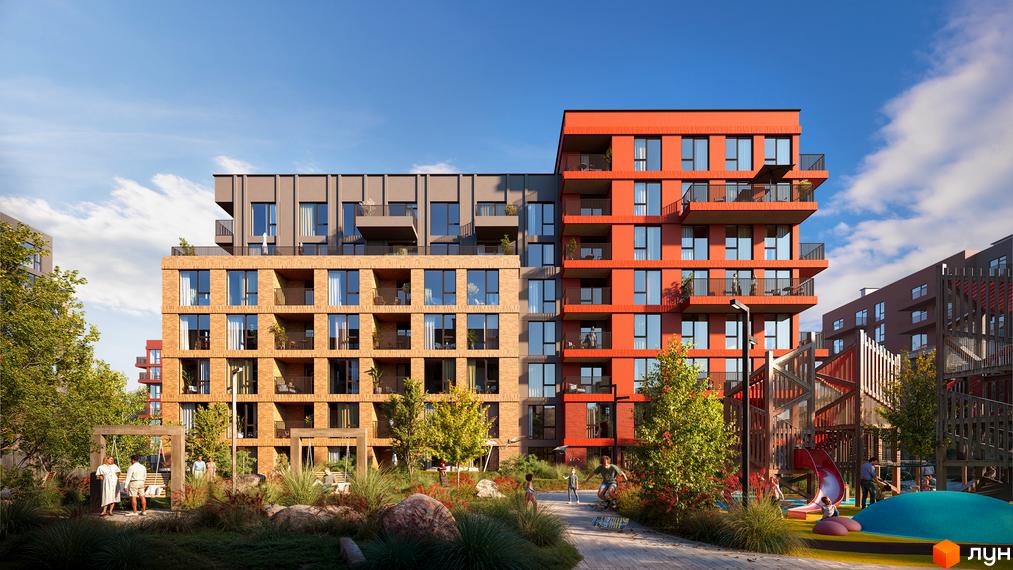 Житловий комплекс Balance: будинки з цегляними та помаранчевими фасадами, балконами. Озеленена прибудинкова територія з дитячим майданчиком.