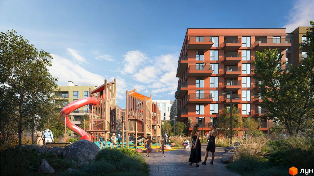 Житловий комплекс Balance: червона цегляна новобудова з балконами та дитячий майданчик з гіркою поруч. Територія комплексу з деревами та зонами відпочинку.