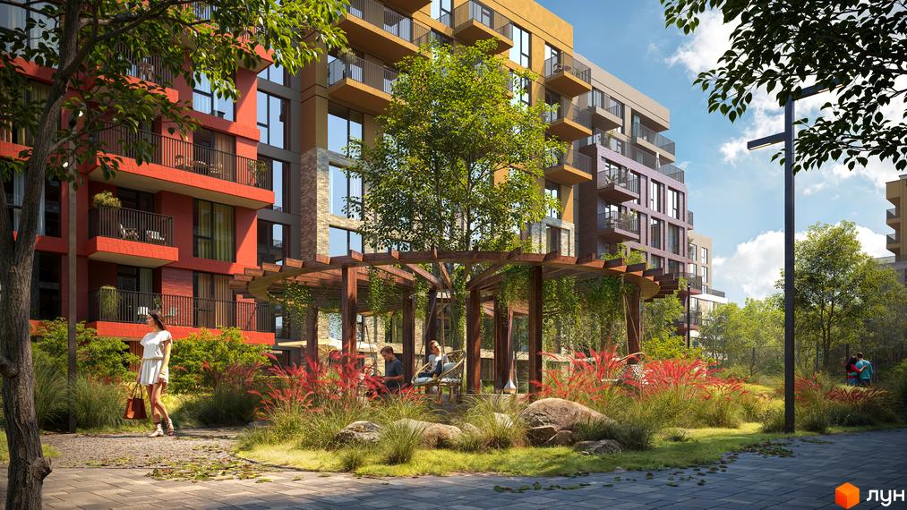 Житловий комплекс Balance: фасади будівель з балконами та прибудинкова територія з альтанкою, деревами та зонами відпочинку.