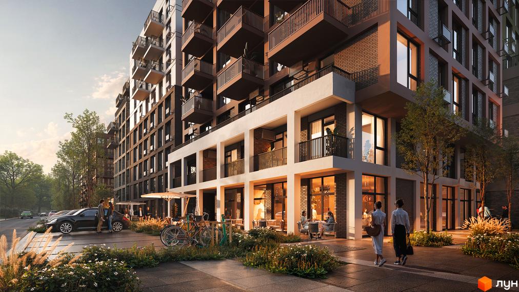 Житловий комплекс Balance: багатоповерховий будинок з балконами, цегляними фасадами. Прибудинкова територія з кафе, зеленими насадженнями та парковкою.