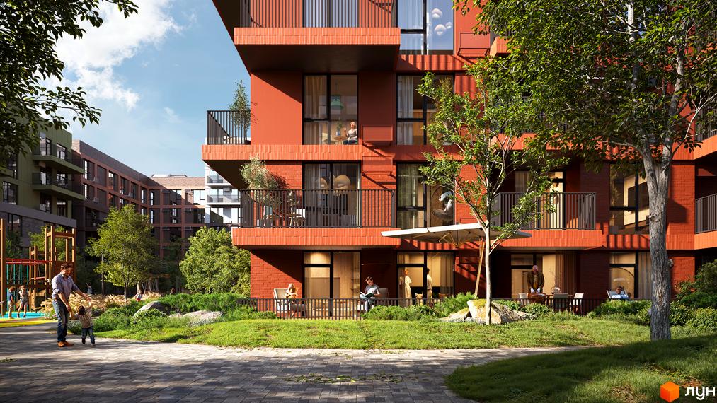 Житловий комплекс Balance має червоні фасади з балконами. Прибудинкова територія облаштована зеленими газонами, деревами та дитячим майданчиком.