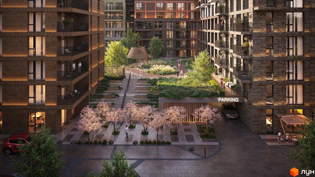 Житловий комплекс Balance: цегляні багатоповерхові будинки з балконами. Внутрішній двір має багаторівневий ландшафт з деревами та зонами для відпочинку.