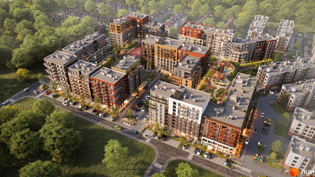 Житловий комплекс Balance з багатоповерховими будинками різного кольору та балконами. Навколо багато зелені, дороги з автомобілями та дитячий майданчик у внутрішньому дворі.