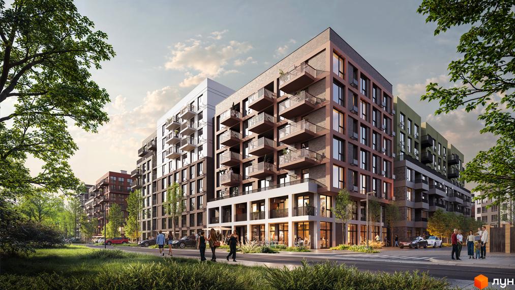 Житловий комплекс Balance - це сучасна новобудова з балконами та комерційними приміщеннями на першому поверсі, розташована поруч із зеленою зоною та дорогою.