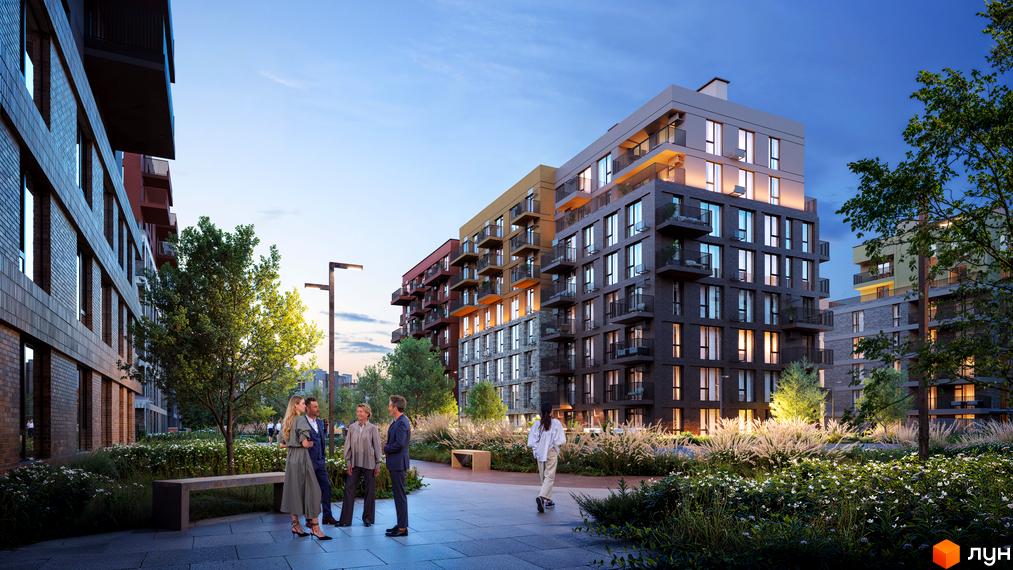 Житловий комплекс Balance має багатоповерхові будинки з темними цегляними фасадами та балконами. Прибудинкова територія облаштована зеленими насадженнями, доріжками та освітленням.