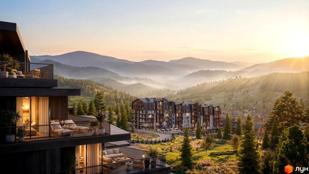 Новобудова GRONO Family Residence з балконами та терасами на тлі гірського пейзажу. На території комплексу розташовані будинки, басейн та зелені насадження.