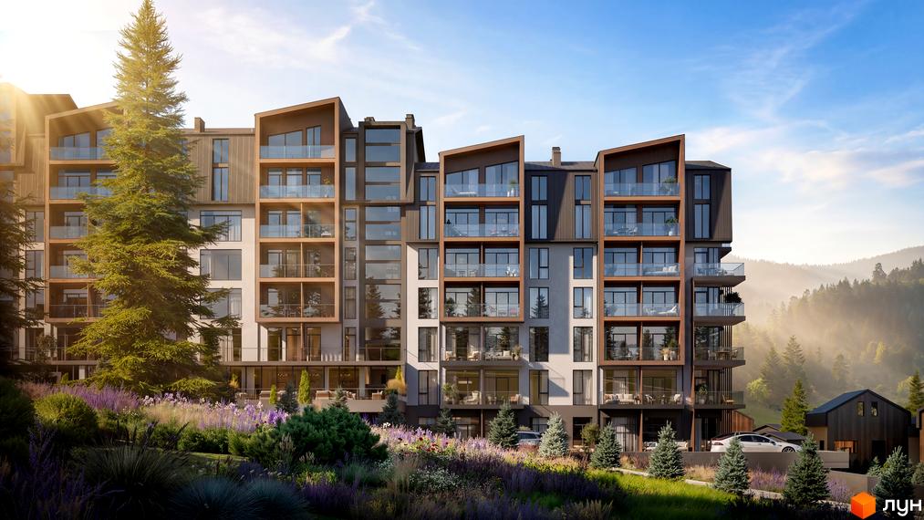 Житловий комплекс GRONO Family Residence: багатоповерхові будинки з панорамними вікнами та балконами. Прибудинкова територія озеленена, на фоні лісисті гори.
