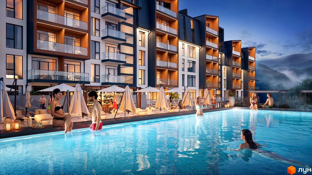 Житловий комплекс GRONO Family Residence з басейном та відпочинковою зоною біля будівель. Навколо зелені гори та вечірнє небо.