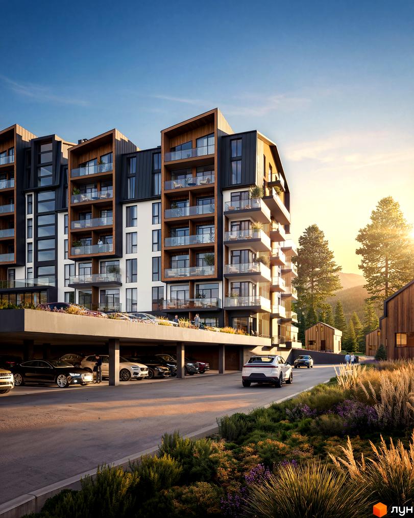 Житловий комплекс GRONO Family Residence: будівля з дерев'яними та темними панелями, великими вікнами і скляними балконами. Прибудинкова територія з рослинами та паркінгом.